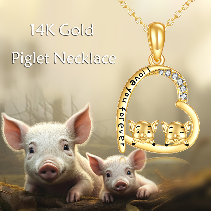 Collar con colgante de cerdo y corazón de circonita cúbica en oro de 14 quilates con palabra grabada-5