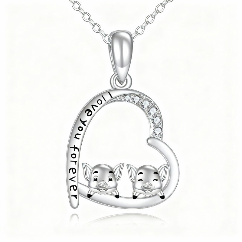 Collar con colgante de cerdo y corazón de oro blanco de 10 quilates con circonitas cúbicas y palabra grabada-1