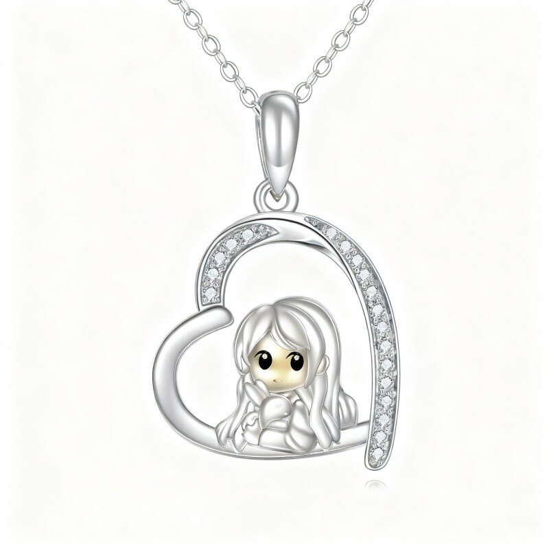 Collar con colgante de conejo y corazón de platino con circonitas cúbicas chapadas en oro blanco-1