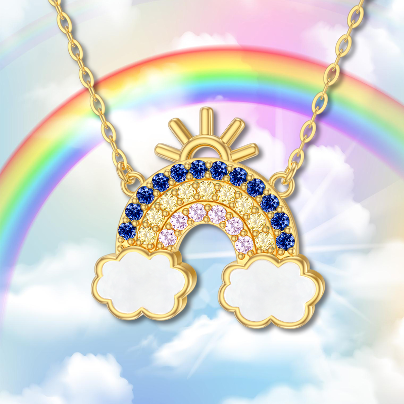 Collar con colgante de arcoíris y sol en oro blanco de 14 quilates con circonitas cúbicas-3