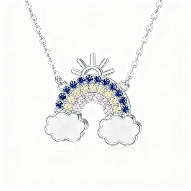 Collar con colgante de arcoíris y sol en oro blanco de 14 quilates con circonitas cúbicas-1
