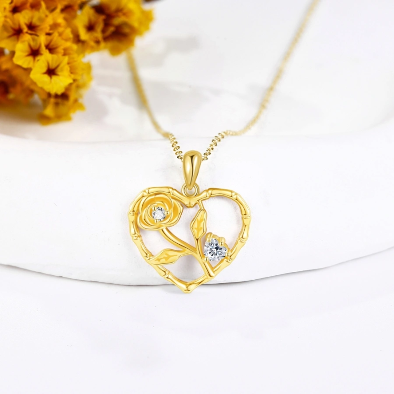 Collier en or 14 carats avec zircon cubique, os et rose en forme de cœur pour femme-3