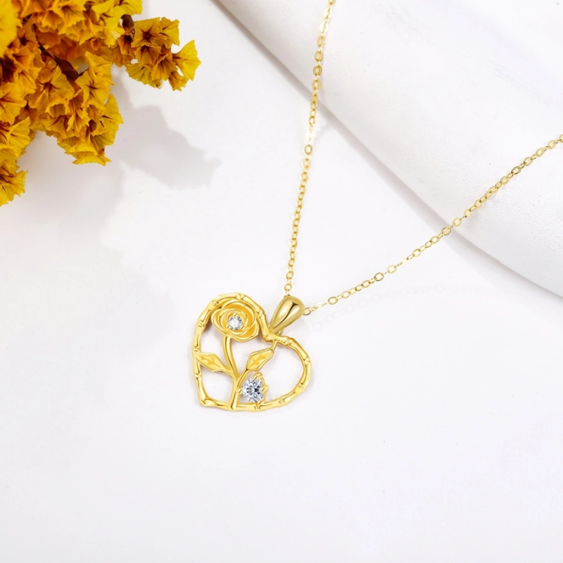 Collier en or 14 carats avec zircon cubique, os et rose en forme de cœur pour femme-4