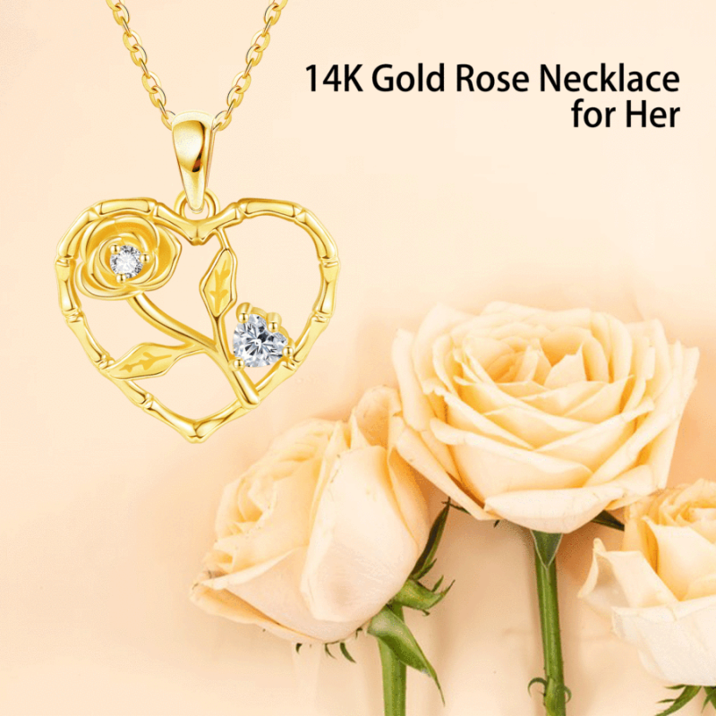 Collier en or 14 carats avec zircon cubique, os et rose en forme de cœur pour femme-6