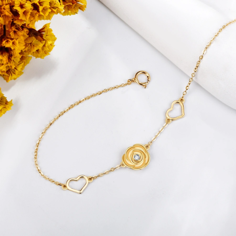 Bracelet en or 10 carats avec breloques rose et cœur en zircon cubique pour femme-4