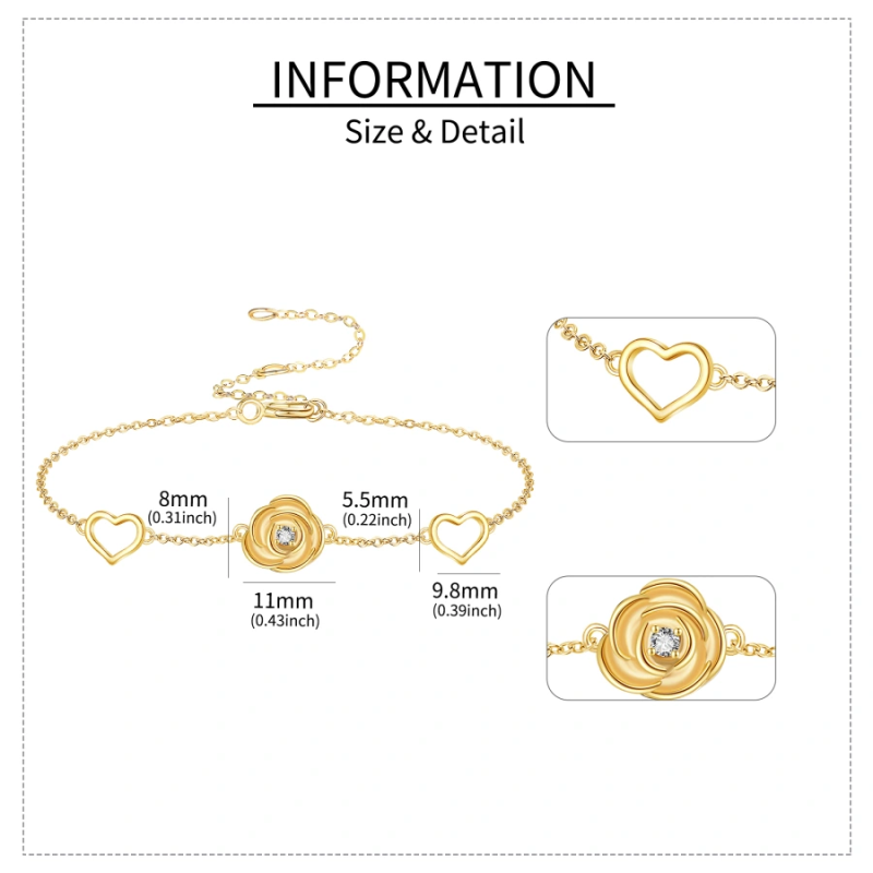 Bracelet en or 10 carats avec breloques rose et cœur en zircon cubique pour femme-5