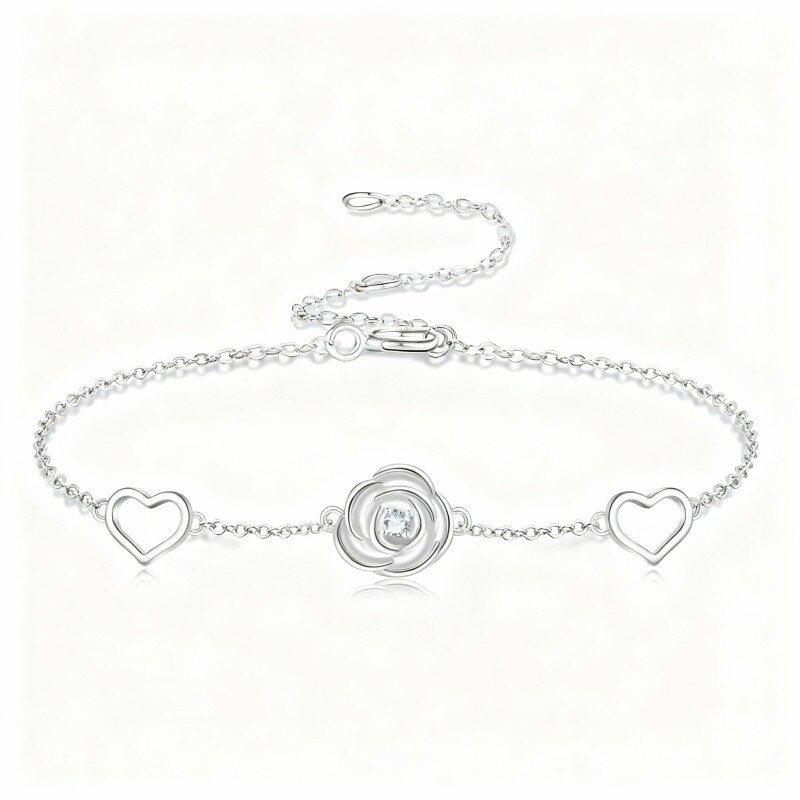 Armband aus 10-karätigem Weißgold mit Zirkonia-Rosen- und Herzanhänger-12