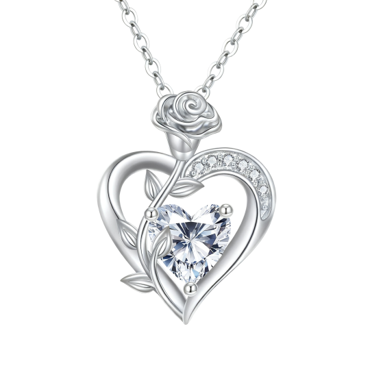 Colar com pendente de rosa e coração em ouro branco 18K com zircónias cúbicas