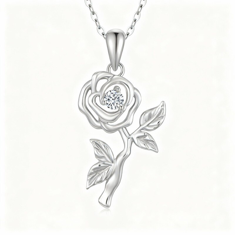 14K White Gold Cubic Zirconia Rose Pendant Necklace-1