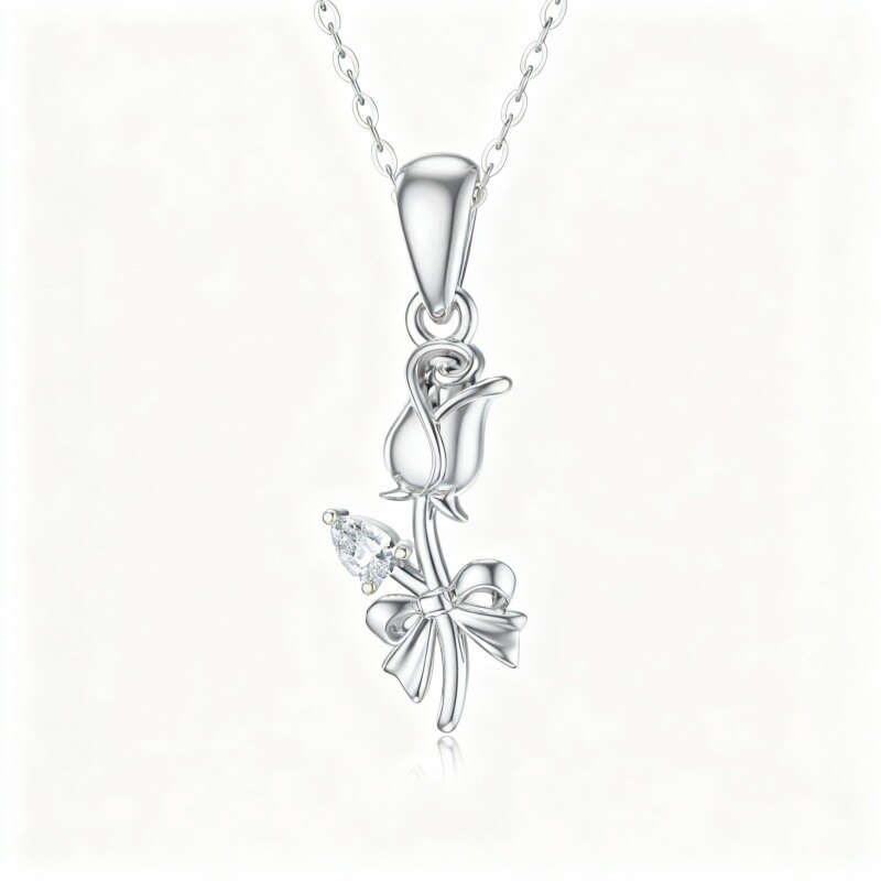 10K White Gold Cubic Zirconia Rose Pendant Necklace-14