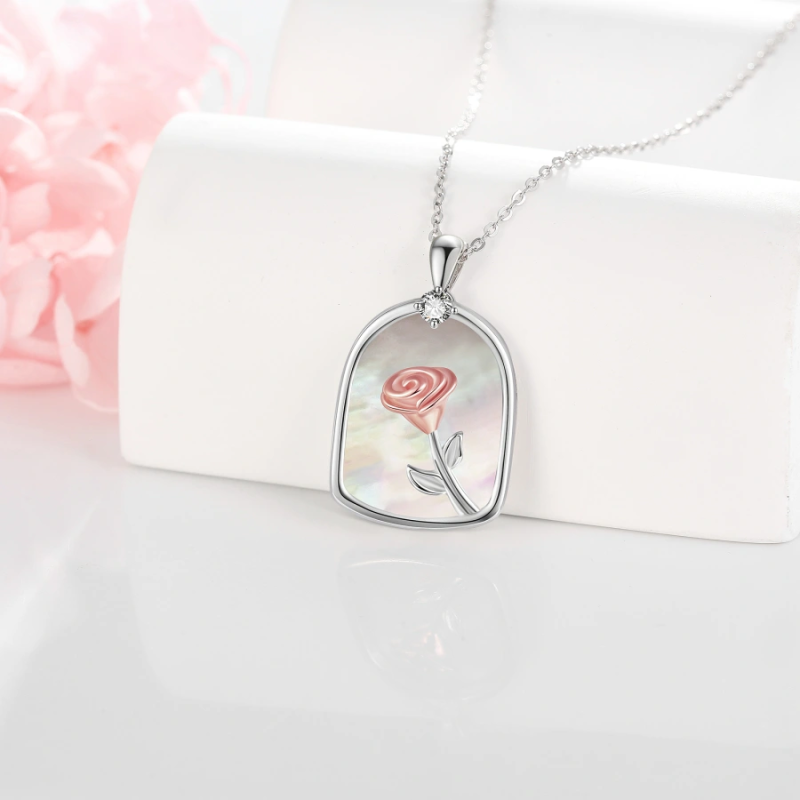 Collier en or blanc 18 carats avec zircon cubique rose et coquillage pour femme-3