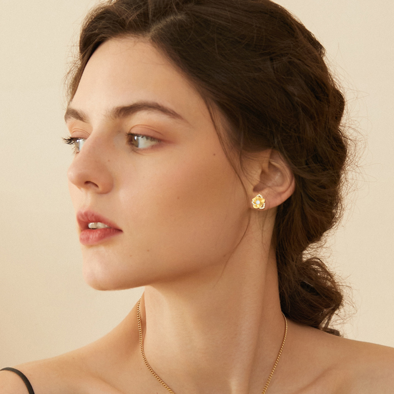 Pendientes de oro de 10 quilates con circonitas cúbicas en forma de rosa para mujer-2