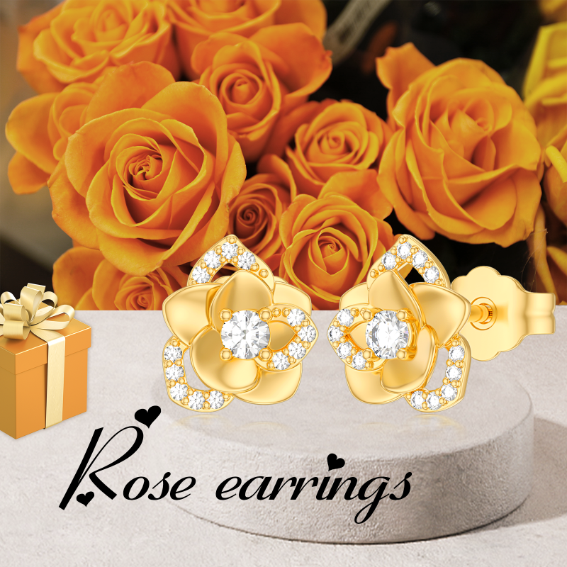 Pendientes de oro de 10 quilates con circonitas cúbicas en forma de rosa para mujer-3