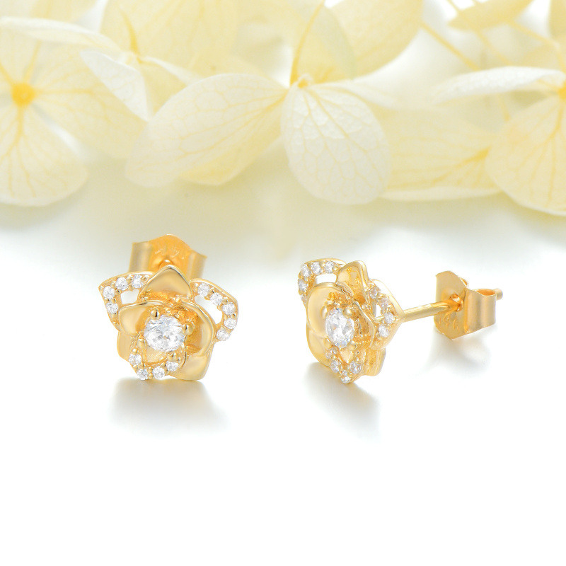 Pendientes de oro de 10 quilates con circonitas cúbicas en forma de rosa para mujer-4