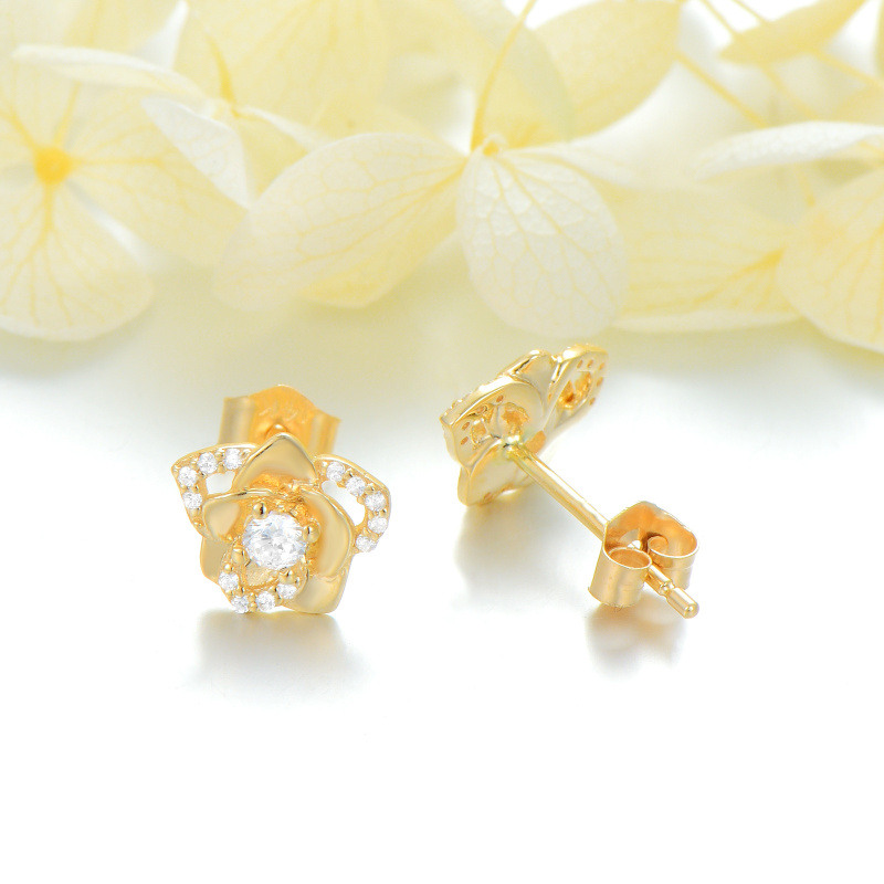 Pendientes de oro de 10 quilates con circonitas cúbicas en forma de rosa para mujer-5