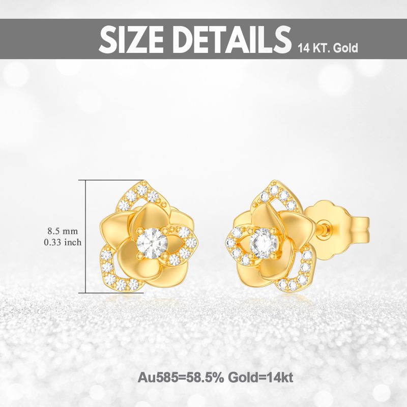 Pendientes de oro de 10 quilates con circonitas cúbicas en forma de rosa para mujer-6