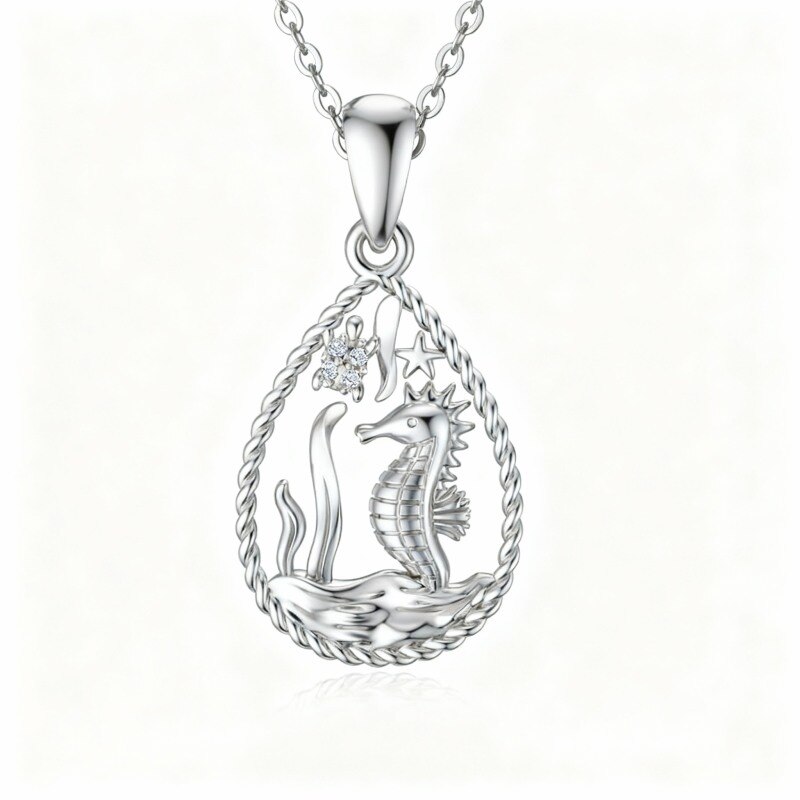 10K White Gold Cubic Zirconia Sea Turtle & Seahorse & Starfish Pendant Necklace-1