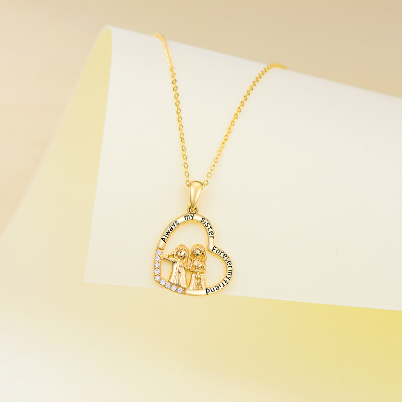 18K Gold Cubic Zirconia Sisters & Heart Pendant Necklace-4