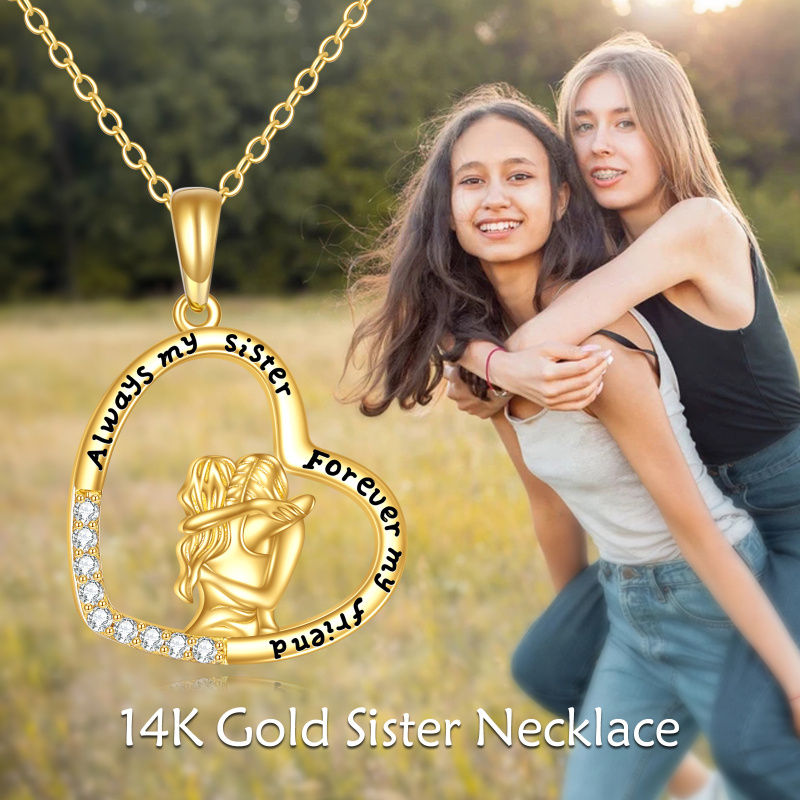 10K Rose Gold Cubic Zirconia Sisters & Heart Pendant Necklace with Engraved Word-6