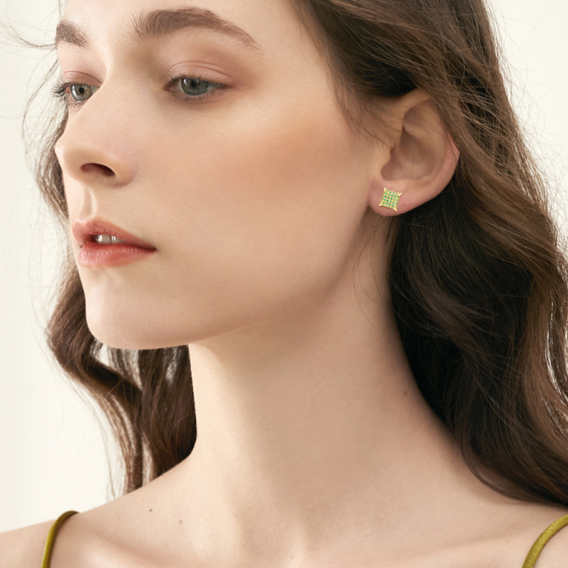 Pendientes cuadrados de oro de 10 quilates con circonitas cúbicas para mujer-2
