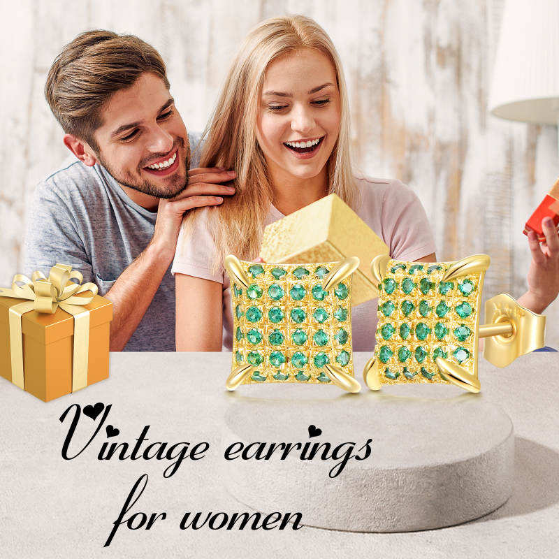 Pendientes cuadrados de oro de 10 quilates con circonitas cúbicas para mujer-3