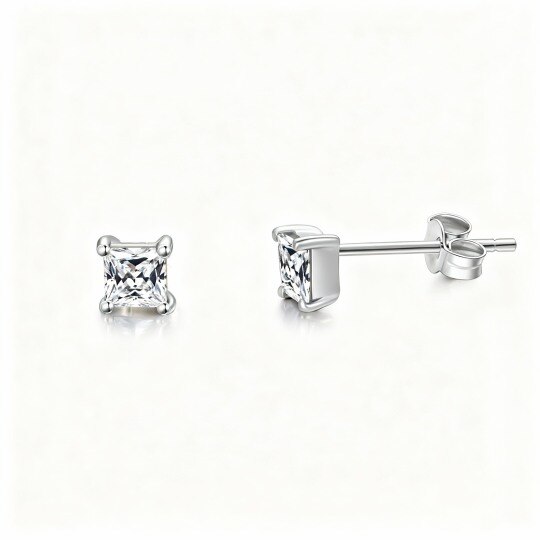 Boucles d'oreilles puces carrées en or blanc 10 carats et zirconiums cubiques