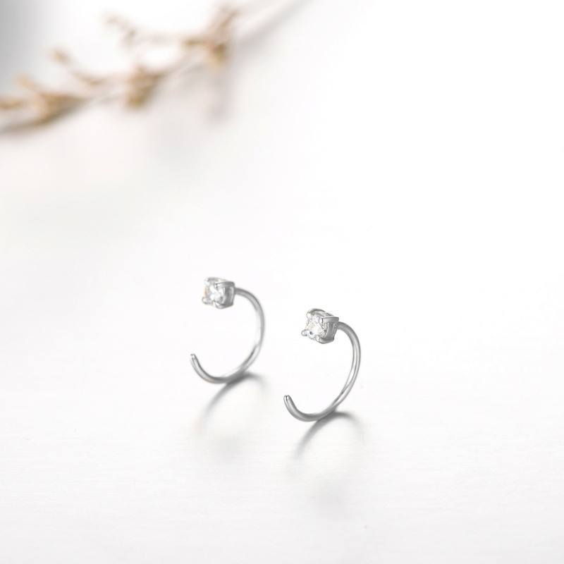 Platinum with White Gold Plated Cubic Zirconia Square Stud Earrings-3