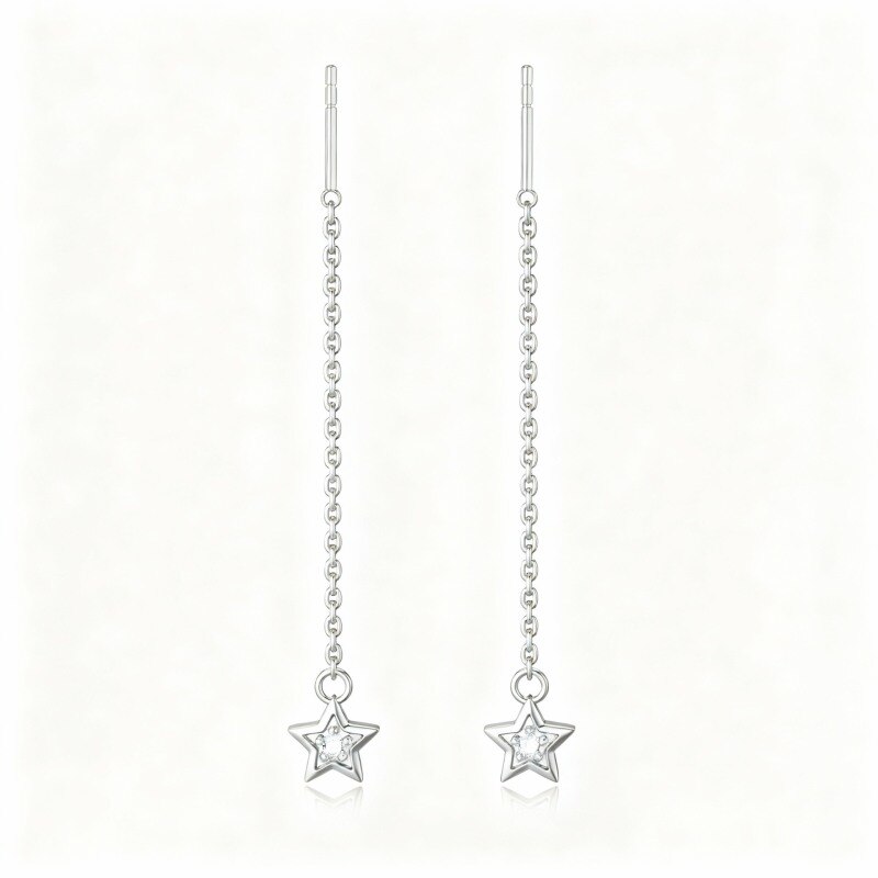 Pendientes colgantes de estrella de platino con circonitas cúbicas chapadas en oro blanco-1