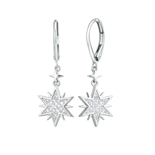 Pendientes de oro blanco de 10 quilates con circonitas cúbicas en forma de estrella y cierre de palanca.