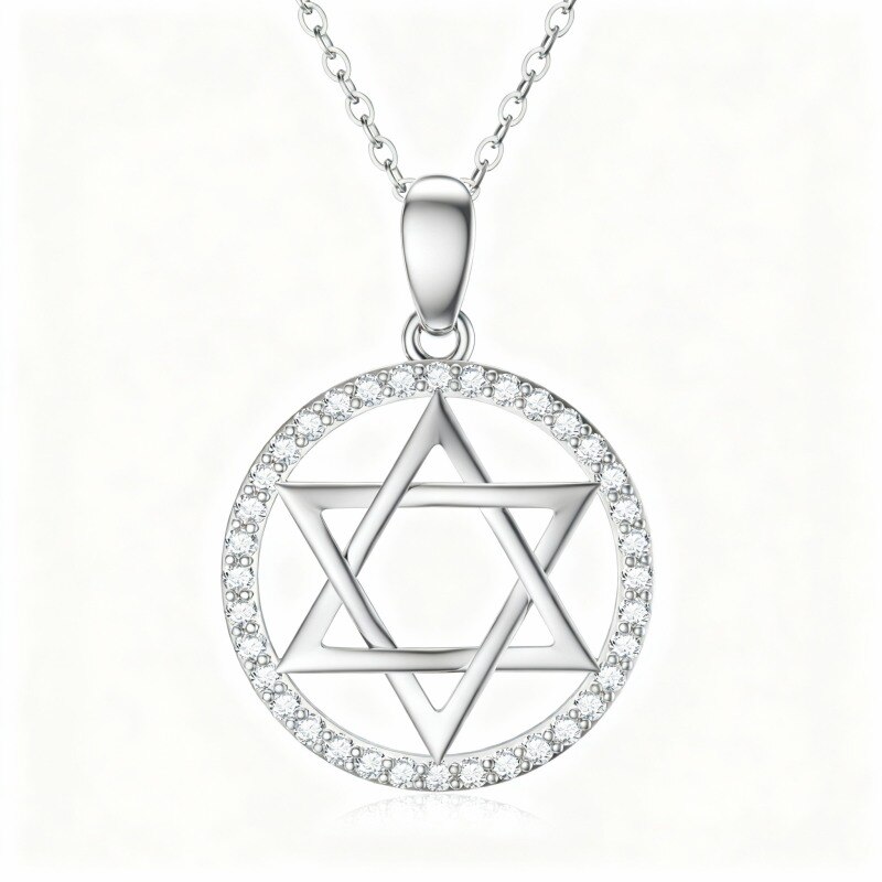 Collar con colgante de estrella de David en oro blanco de 10 quilates con circonitas cúbicas-10