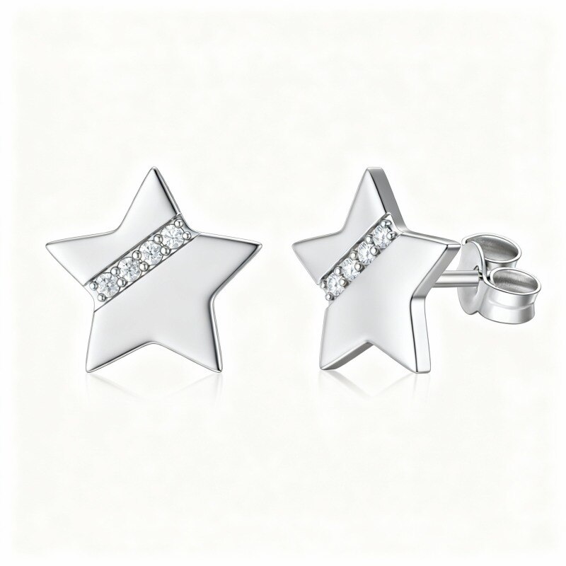Pendientes de estrella de platino con circonitas cúbicas chapadas en oro blanco-1