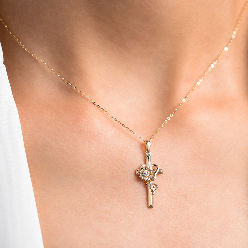 10K Gold Cubic Zirconia Sunflower Cross Pendant Necklace-2