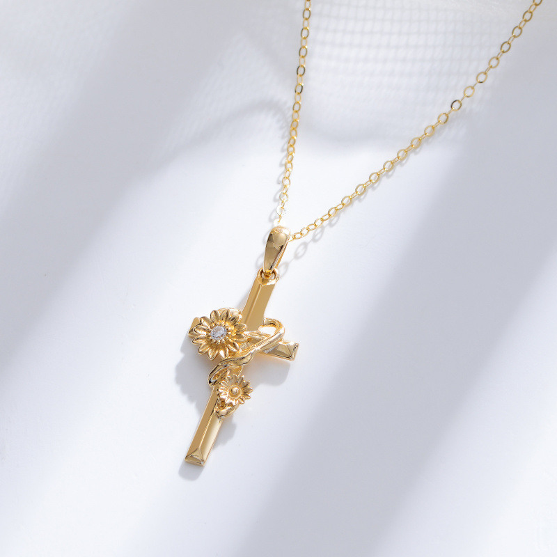 10K Gold Cubic Zirconia Sunflower Cross Pendant Necklace-4