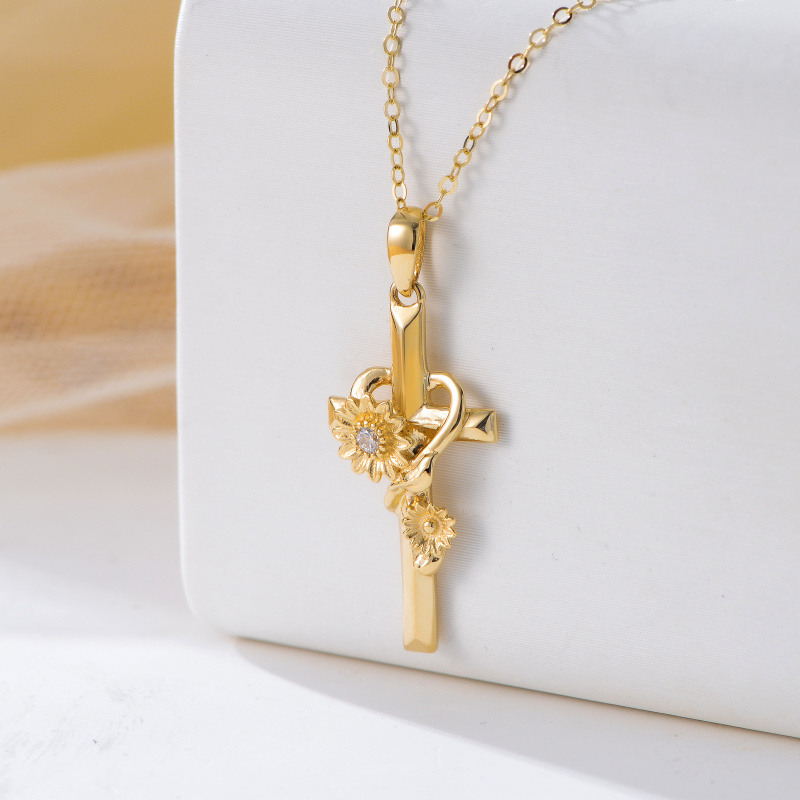 10K Gold Cubic Zirconia Sunflower Cross Pendant Necklace-5