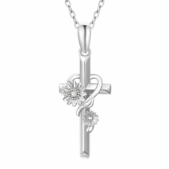 10K White Gold Cubic Zirconia Sunflower & Cross Pendant Necklace