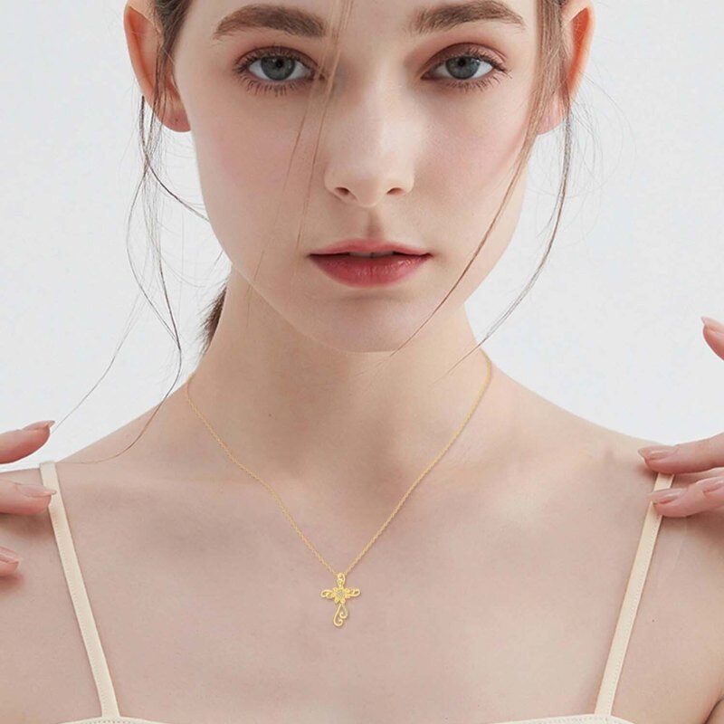 Collar de girasol y cruz con circonitas cúbicas de oro de 10 quilates para mujer-2