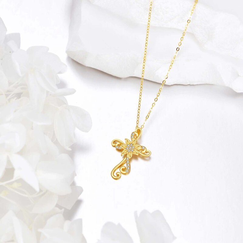 Collar de girasol y cruz con circonitas cúbicas de oro de 10 quilates para mujer-3