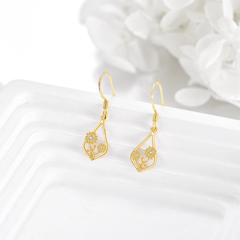 14K Gold Cubic Zirconia Sunflower Drop Earrings-4