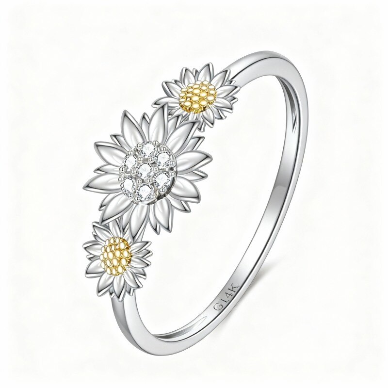 10K White Gold Cubic Zirconia Sunflower Engagement Ring-6