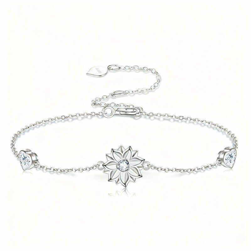 Pulsera de oro blanco de 10 quilates con dije de girasol y corazón de circonita cúbica-14