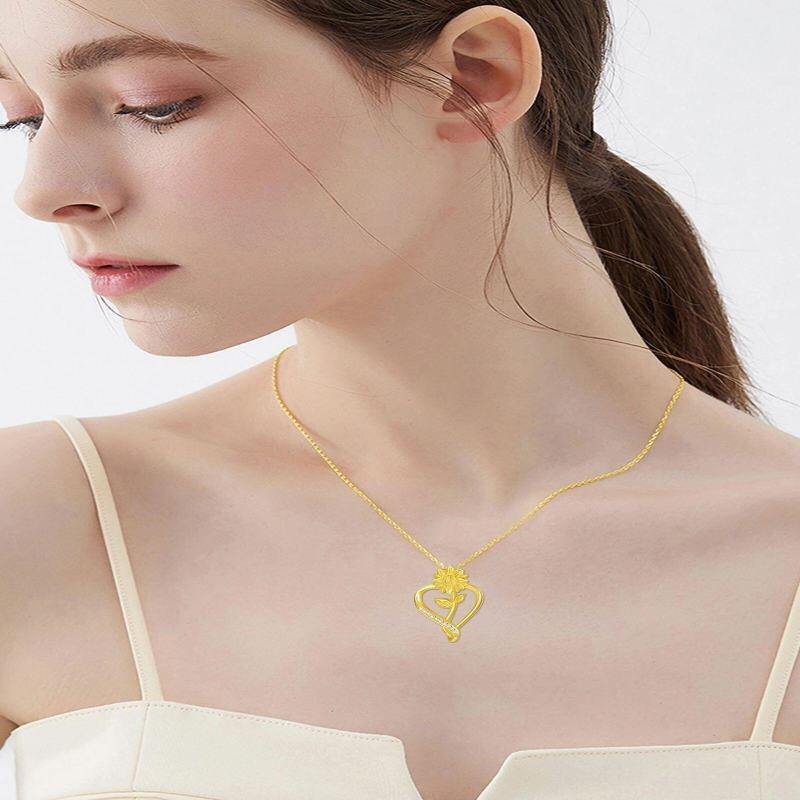 Collier pendentif tournesol et cœur en or 10 carats et zircon cubique-2