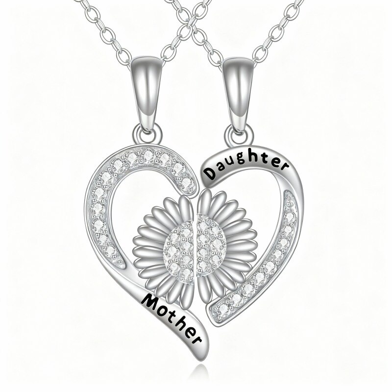 Collar con colgante de girasol y corazón de circonita cúbica chapado en oro blanco y platino con palabra grabada-1