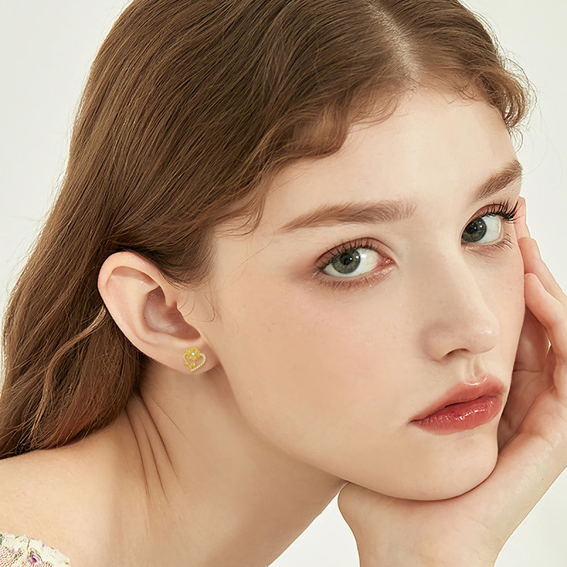 14K Gold Cubic Zirconia Sunflower & Heart Stud Earrings-2