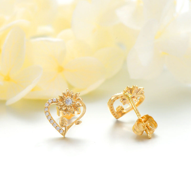 14K Gold Cubic Zirconia Sunflower & Heart Stud Earrings-3