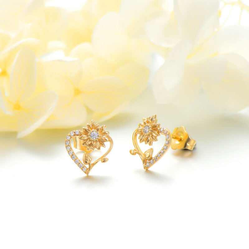 14K Gold Cubic Zirconia Sunflower & Heart Stud Earrings-4
