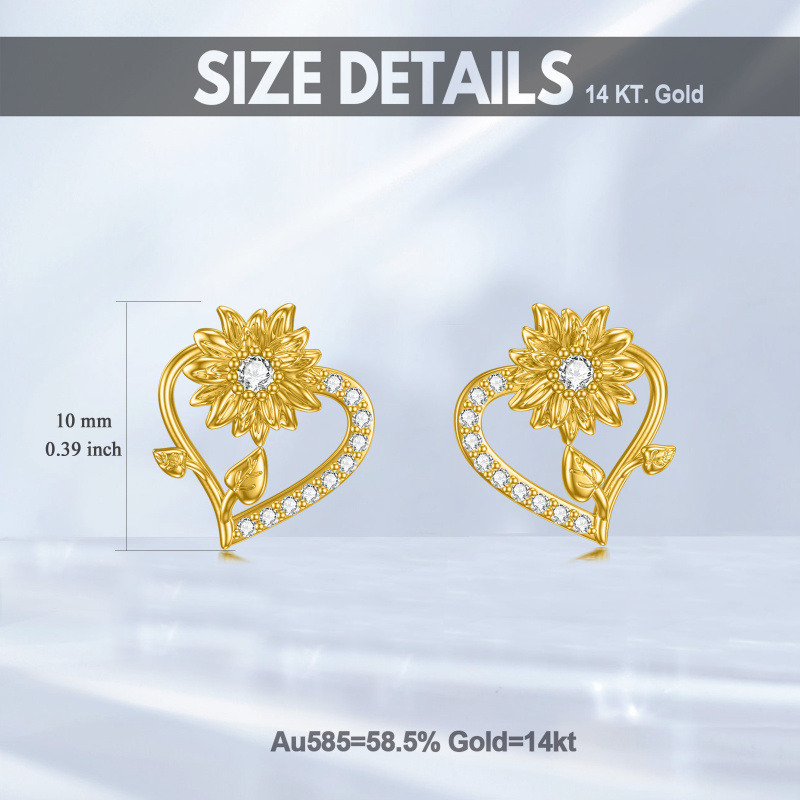 14K Gold Cubic Zirconia Sunflower & Heart Stud Earrings-5