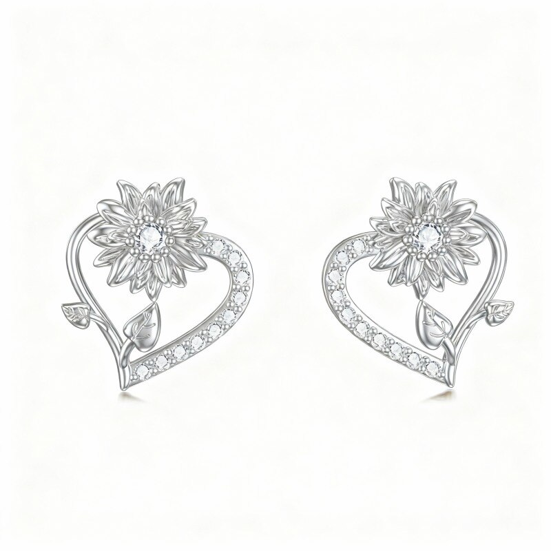 Boucles d'oreilles puces en or blanc 10 carats avec zircon cubique, motif tournesol et cœur-1