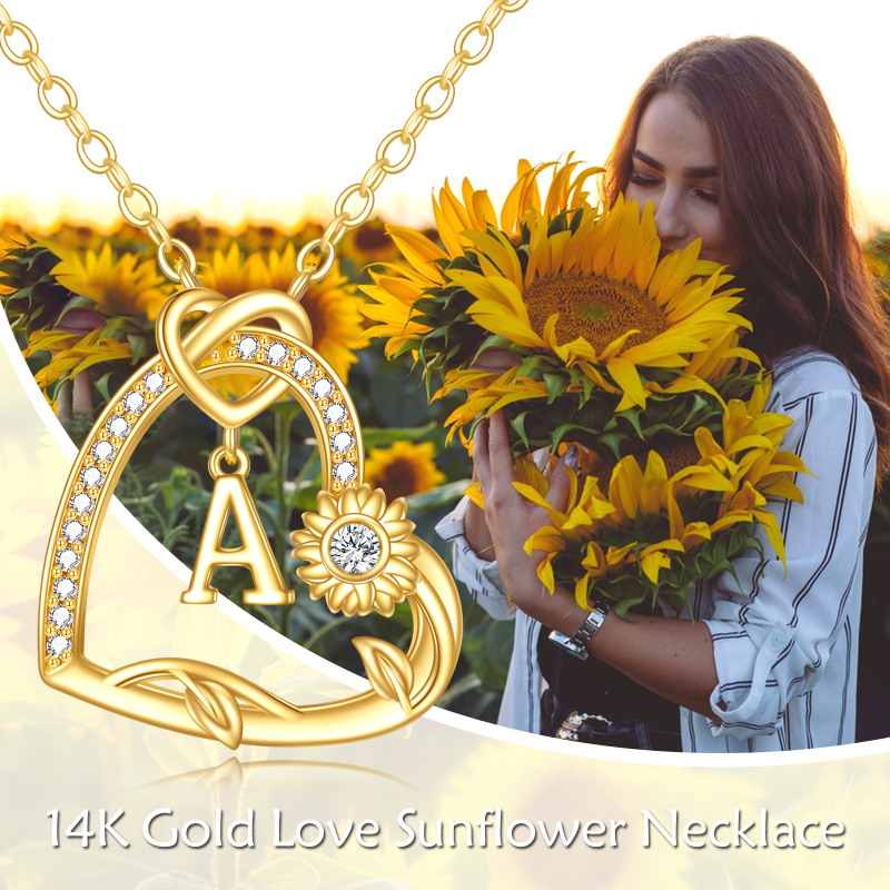 Collar con colgante de corazón de girasol con circonita cúbica de oro de 10 quilates y la inicial A para mujer-5