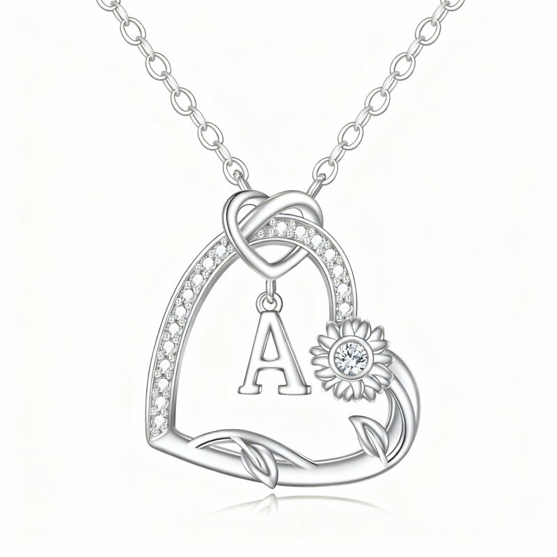 Collier pendentif en or blanc 14 carats avec zircon cubique, tournesol et cœur, et initiale A-1