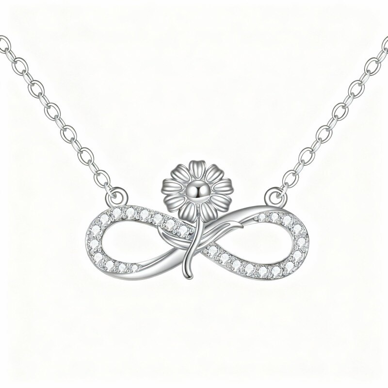 18K White Gold Cubic Zirconia Sunflower & Infinity Symbol Pendant Necklace-1